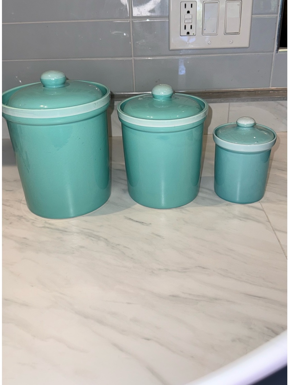 Set of 3 Vintage Ceramic Canisters in Pastel Mint Green EUC